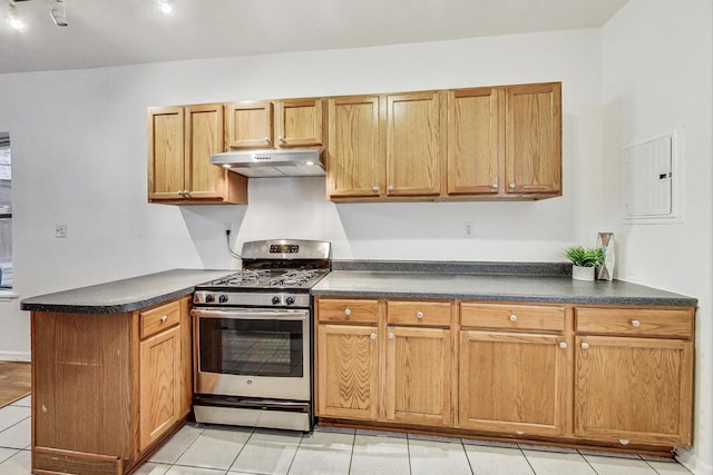 kitchen featuring stainless steel gas range, electric panel, and light tile patterned floors