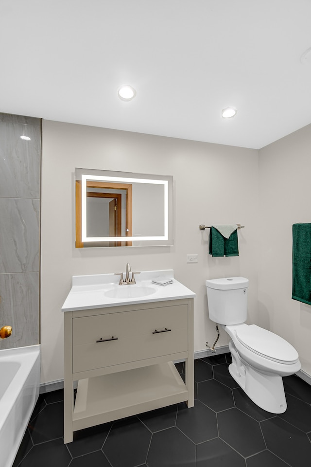 full bathroom with vanity, shower / bathtub combination, toilet, and tile patterned floors