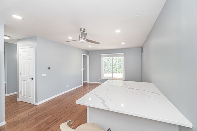 interior space with light stone counters, wood-type flooring, and ceiling fan