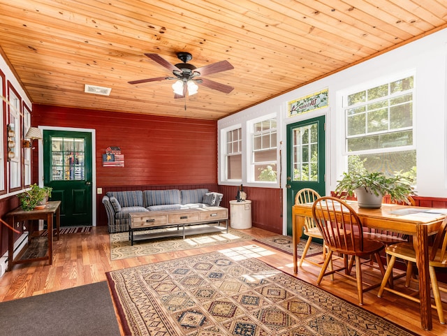 interior space with wooden ceiling, a healthy amount of sunlight, hardwood / wood-style floors, and ceiling fan