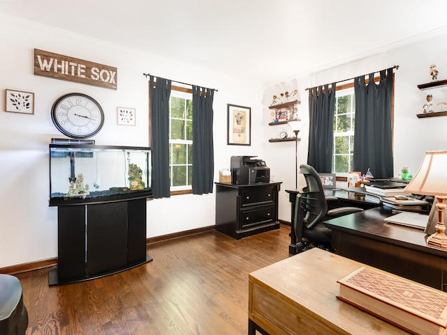 office area featuring hardwood / wood-style flooring and ornamental molding