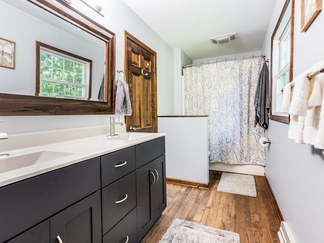 bathroom featuring walk in shower, vanity, and hardwood / wood-style flooring