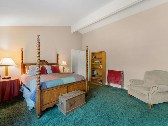 carpeted bedroom with lofted ceiling with beams