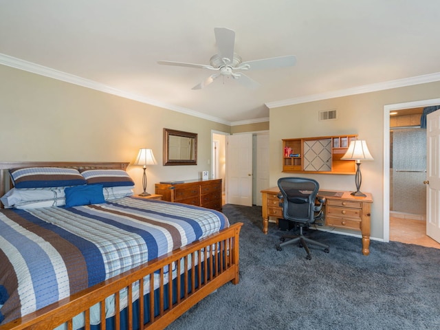 carpeted bedroom with ornamental molding and ceiling fan