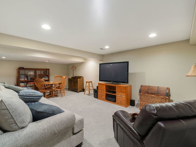 living room featuring light colored carpet