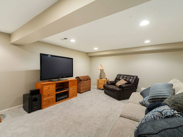 living room featuring light carpet