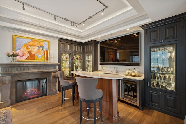 bar with a tray ceiling, wine cooler, rail lighting, light hardwood / wood-style flooring, and ornamental molding