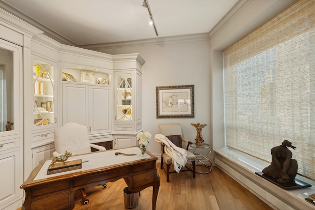 sitting room featuring light wood-type flooring, baseboard heating, crown molding, and rail lighting