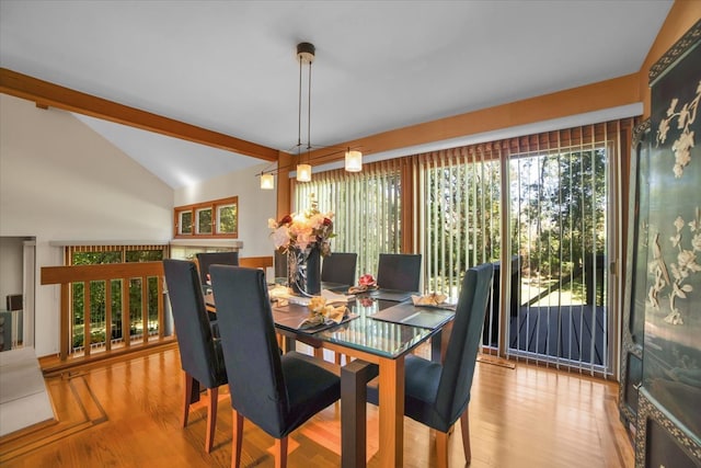 dining room with light hardwood / wood-style floors and lofted ceiling