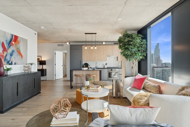 living room with light hardwood / wood-style floors, track lighting, and a wall of windows