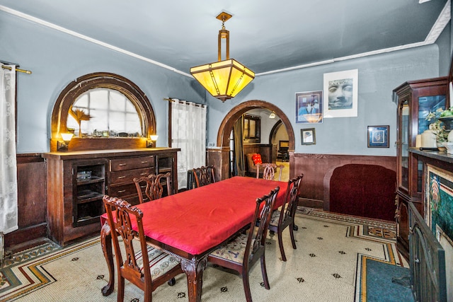 carpeted dining room featuring crown molding