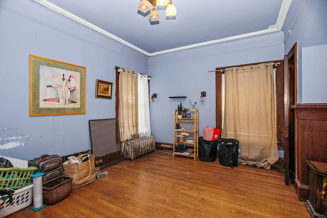 misc room with hardwood / wood-style flooring, crown molding, and radiator