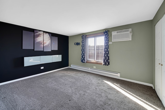 carpeted empty room with baseboard heating and an AC wall unit