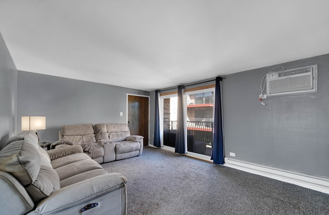 living room featuring an AC wall unit and carpet