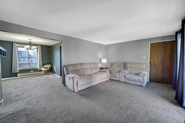 unfurnished living room with a baseboard radiator, carpet floors, and a notable chandelier