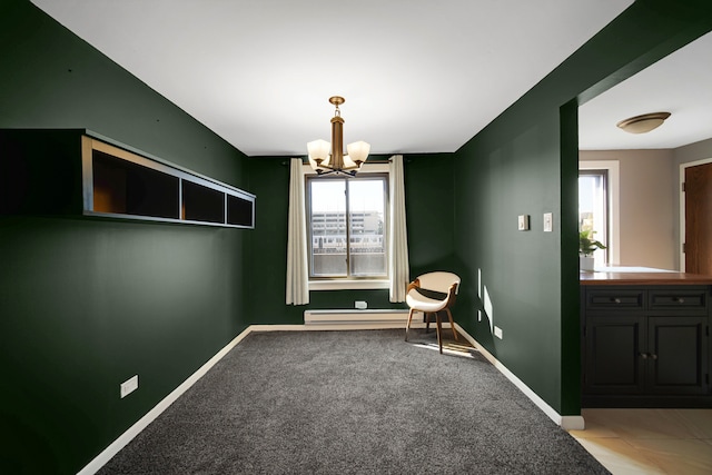 unfurnished room with plenty of natural light, light colored carpet, and an inviting chandelier