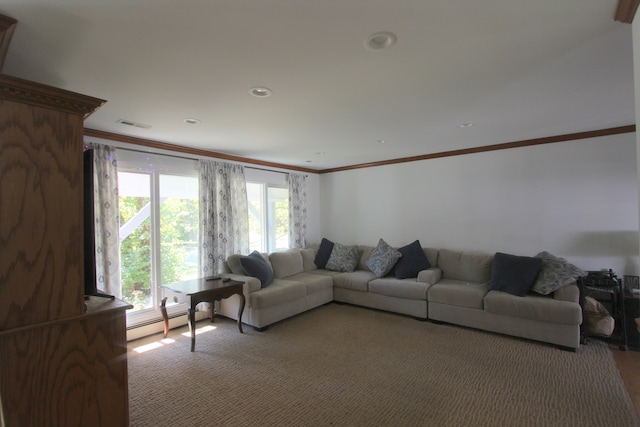 unfurnished living room with ornamental molding and light colored carpet