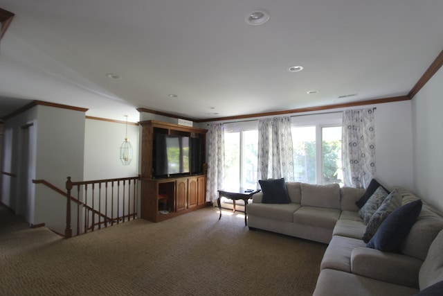 living room featuring ornamental molding and carpet flooring