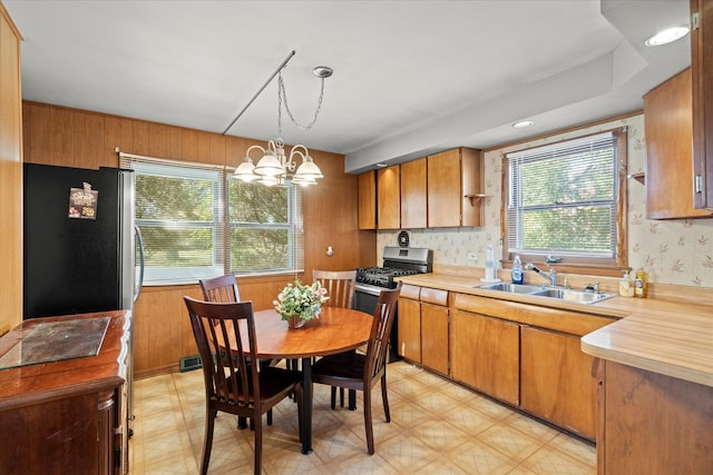 kitchen with wood walls, sink, decorative light fixtures, appliances with stainless steel finishes, and an inviting chandelier