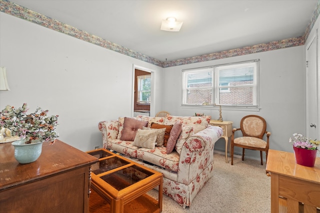 living room featuring light carpet