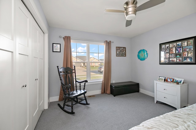 bedroom with ceiling fan, a closet, and carpet