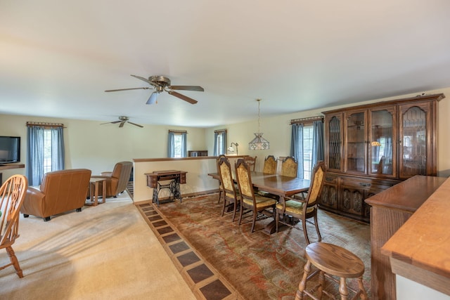 dining area with ceiling fan and carpet flooring