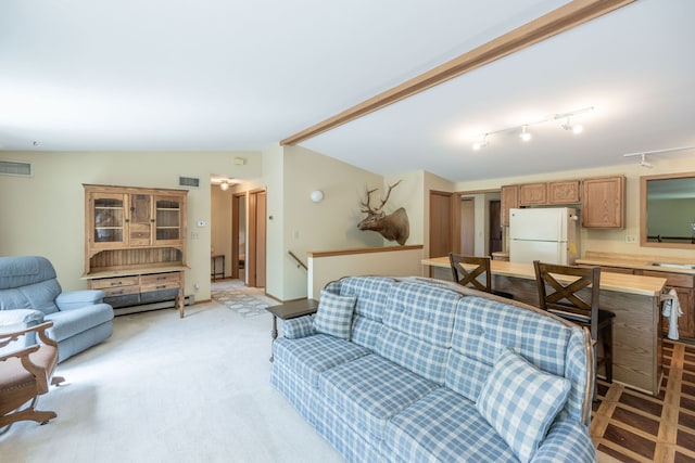 carpeted living room featuring sink, lofted ceiling, and track lighting