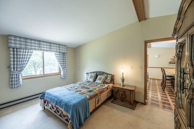 bedroom with light carpet, a baseboard radiator, and lofted ceiling with beams
