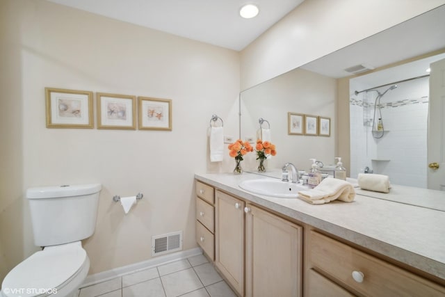 full bathroom featuring vanity, visible vents, tile patterned flooring, a shower, and toilet