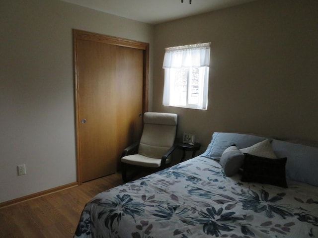 bedroom with hardwood / wood-style flooring and a closet