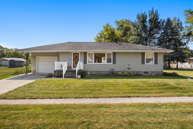 single story home featuring a front yard and a garage