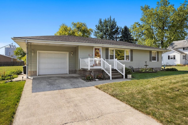 ranch-style house with a porch, a front yard, and a garage