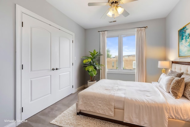 bedroom featuring carpet floors and ceiling fan