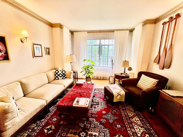 living room featuring crown molding and wood-type flooring