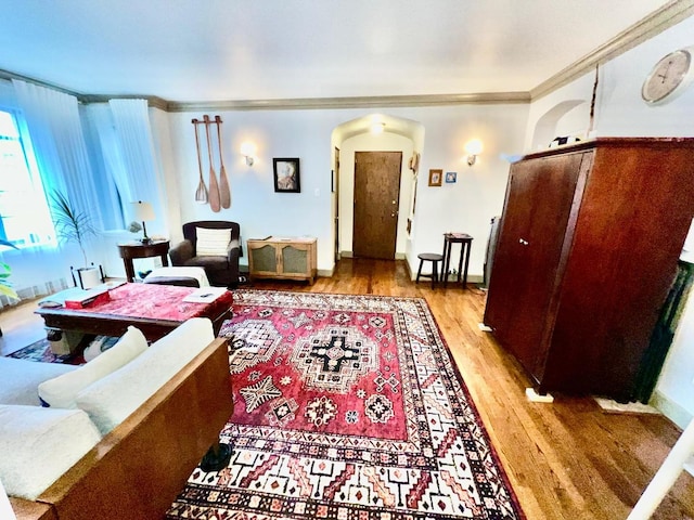 living room featuring crown molding and light wood-type flooring