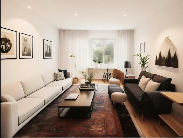 living room featuring dark wood-type flooring