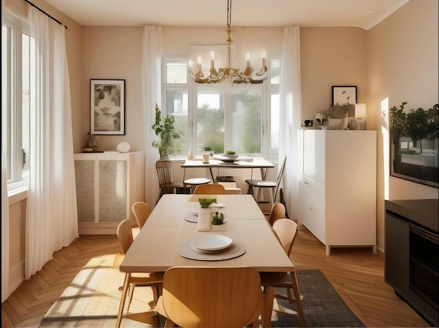 dining space featuring light parquet flooring and a notable chandelier