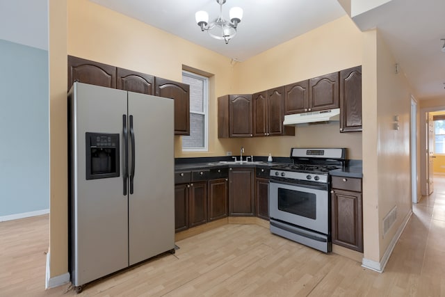 kitchen with sink, a notable chandelier, light hardwood / wood-style flooring, appliances with stainless steel finishes, and dark brown cabinets