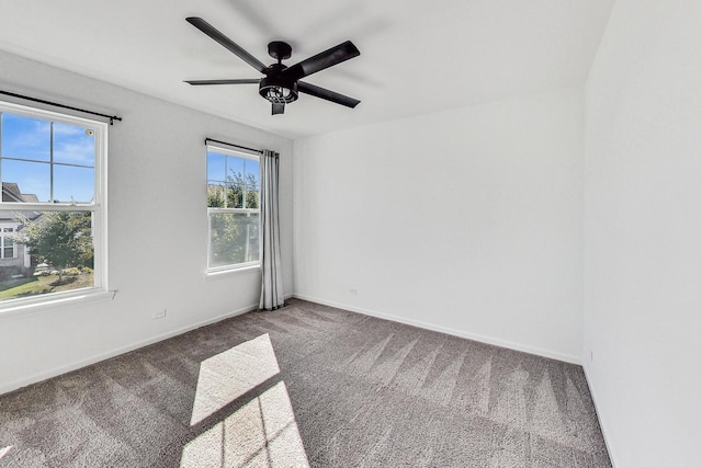 unfurnished room with ceiling fan and carpet