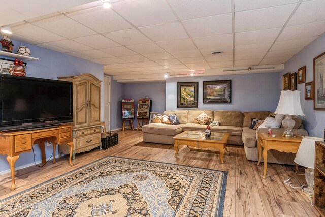 living room with a paneled ceiling and light hardwood / wood-style floors