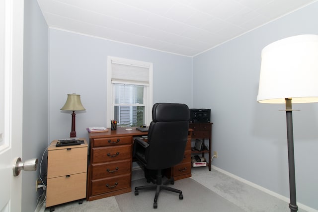 home office with light carpet