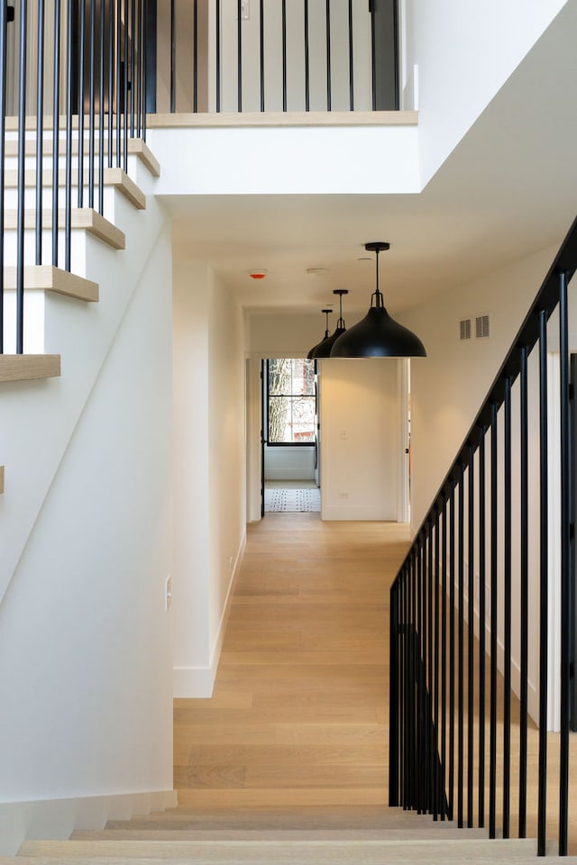 staircase with wood-type flooring