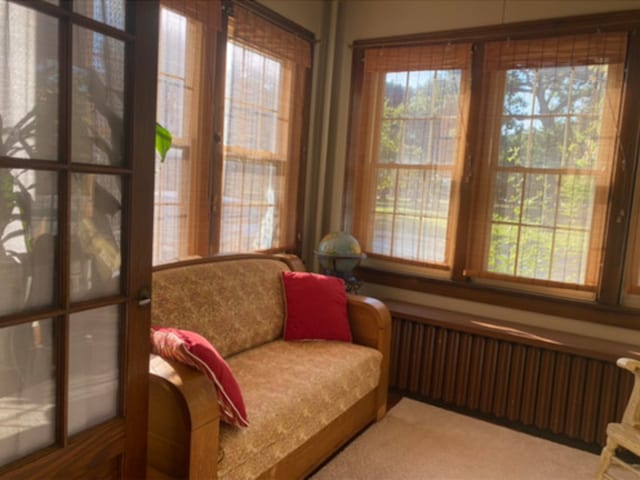 living area with carpet flooring and radiator