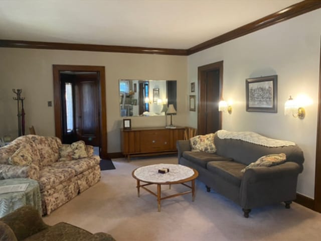 carpeted living room with ornamental molding