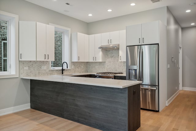 kitchen with sink, kitchen peninsula, light hardwood / wood-style flooring, white cabinetry, and appliances with stainless steel finishes