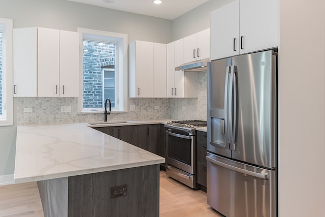 kitchen featuring light hardwood / wood-style flooring, stainless steel appliances, light stone counters, and sink