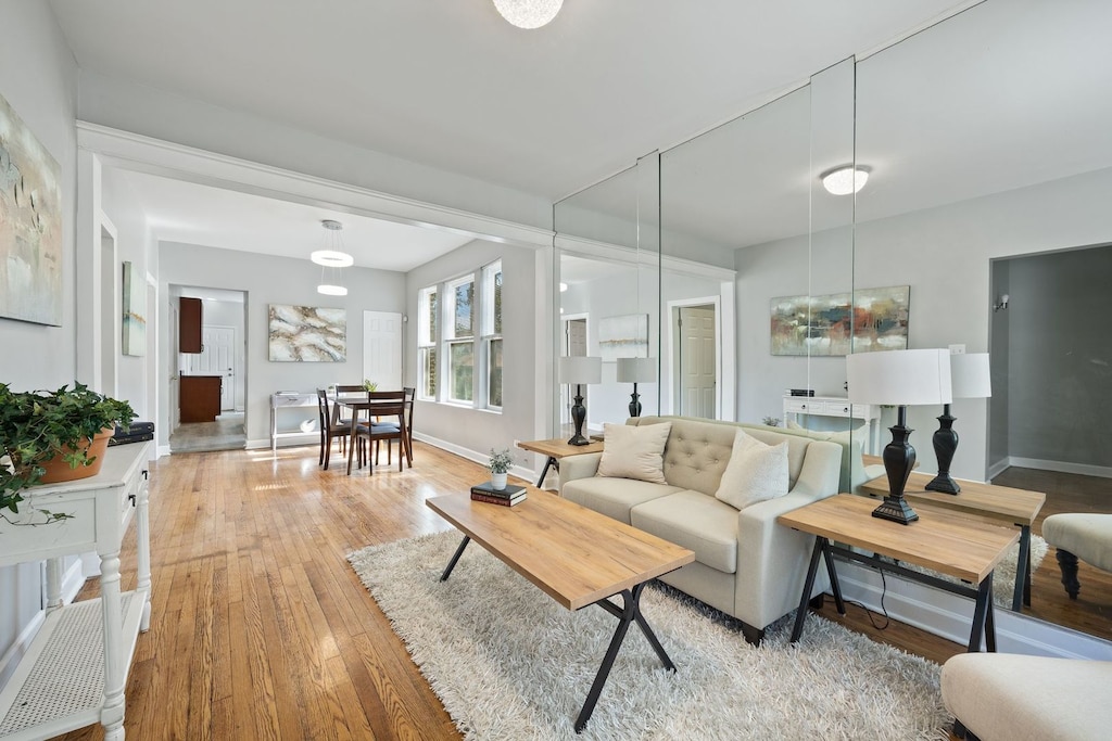 living room with light hardwood / wood-style flooring