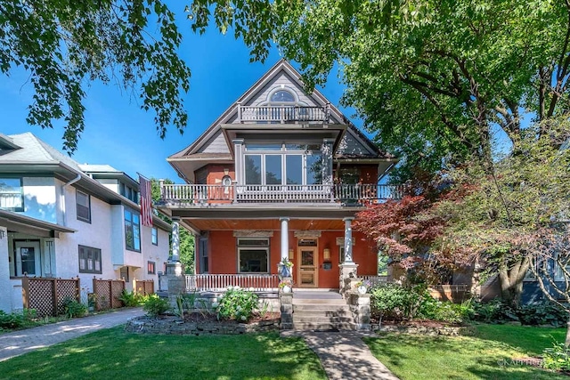 view of front of house with a balcony, a front lawn, and covered porch