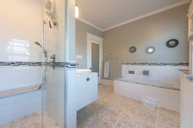 bathroom with crown molding, independent shower and bath, tile patterned flooring, and vanity