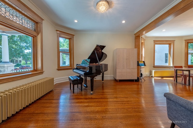 misc room featuring radiator, crown molding, and hardwood / wood-style floors